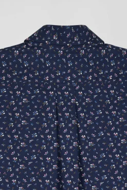 Regular navy blue cotton poplin shirt with micro floral print