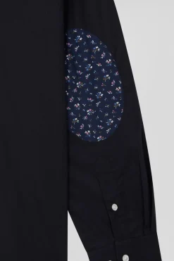 Regular navy blue cotton poplin shirt with button-down collar and printed elbow patches