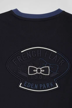 Regular navy blue cotton T-shirt with short contrasting sleeves