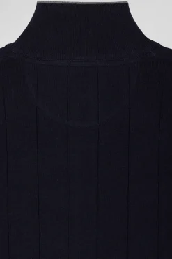 Regular navy blue cotton and cashmere zipped cardigan with vertical stripes
