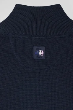 Regular navy blue cotton zipped cardigan with XV de France rubber badge and tricolour details