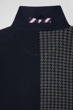 Regular navy blue cotton jumper with houndstooth jacquard and rugby shirt collar