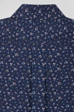Regular navy blue cotton short-sleeved shirt with micro floral print