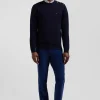 Regular navy blue crew neck jumper with shoulder buttons