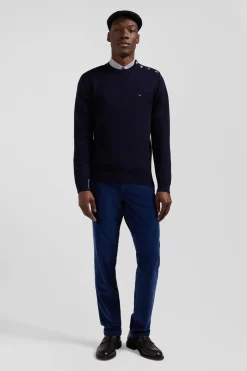 Regular navy blue crew neck jumper with shoulder buttons
