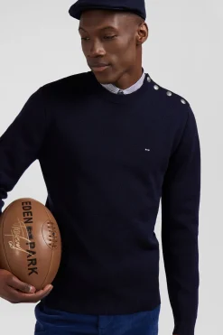 Regular navy blue crew neck jumper with shoulder buttons