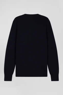 Regular navy blue crew neck jumper with shoulder buttons