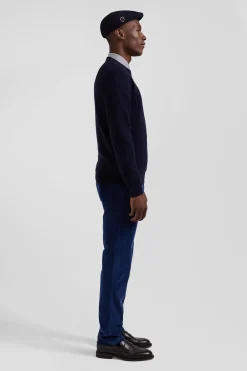 Regular navy blue crew neck jumper with shoulder buttons
