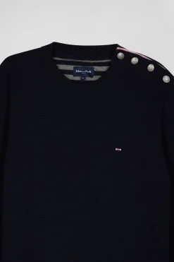 Regular navy blue crew neck jumper with shoulder buttons