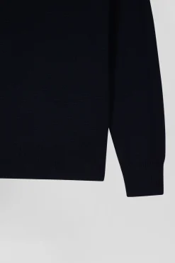Regular navy blue crew neck jumper with shoulder buttons