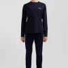 Regular navy blue embroidered long-sleeved cotton T-shirt