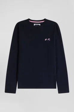 Regular navy blue embroidered long-sleeved cotton T-shirt