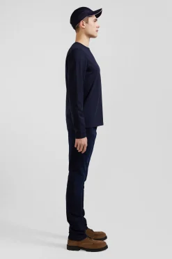 Regular navy blue embroidered long-sleeved cotton T-shirt