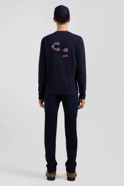 Regular navy blue embroidered long-sleeved cotton T-shirt