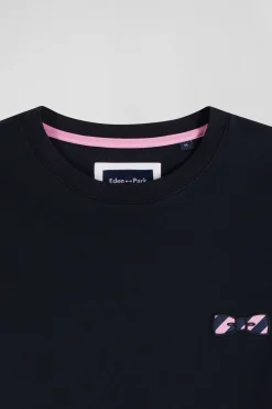 Regular navy blue embroidered long-sleeved cotton T-shirt