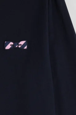Regular navy blue embroidered long-sleeved cotton T-shirt