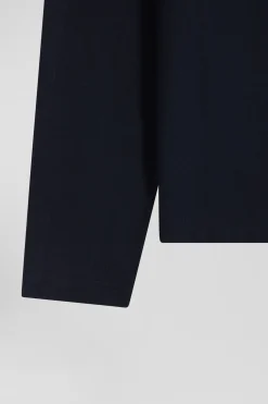 Regular navy blue embroidered long-sleeved cotton T-shirt