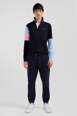 Regular navy blue long-sleeved cotton rugby shirt with tie fabric patchwork