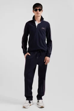 Regular navy blue long-sleeved cotton rugby shirt with pink piping