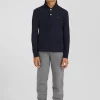 Regular navy blue long-sleeved cotton piqué polo shirt