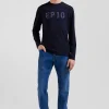 Regular navy blue long-sleeved cotton T-shirt with printed back patch