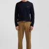 Regular navy blue long-sleeved cotton T-shirt with back embroidery