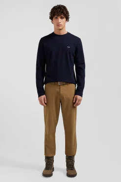 Regular navy blue long-sleeved cotton T-shirt with back embroidery