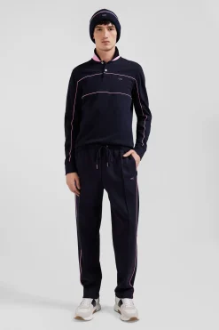 Regular navy blue long-sleeved cotton piqué polo shirt with pink piping