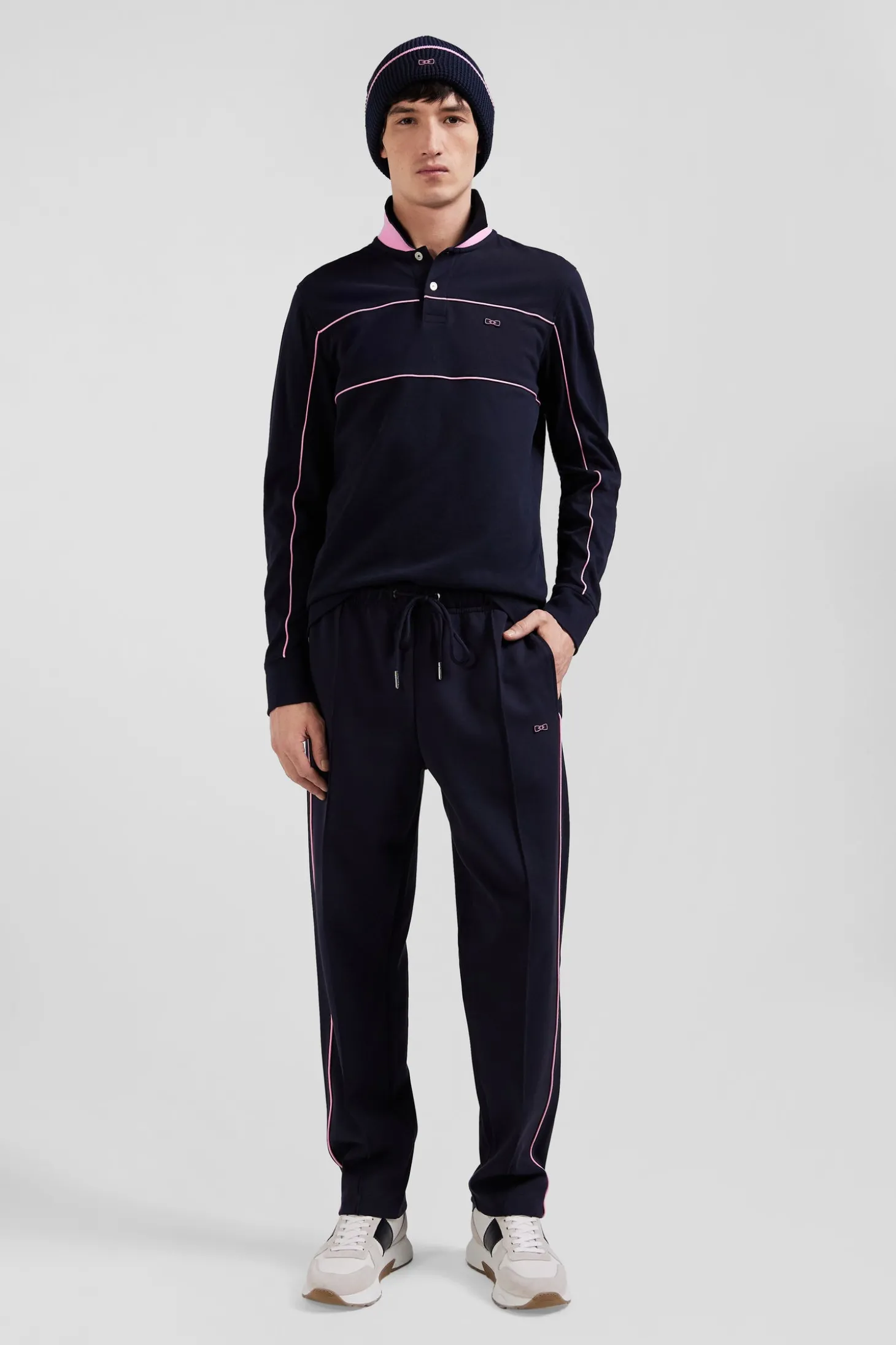 Regular navy blue long-sleeved cotton piqué polo shirt with pink piping