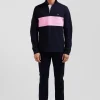 Regular navy blue long-sleeved cotton piqué polo shirt with padded embroidery
