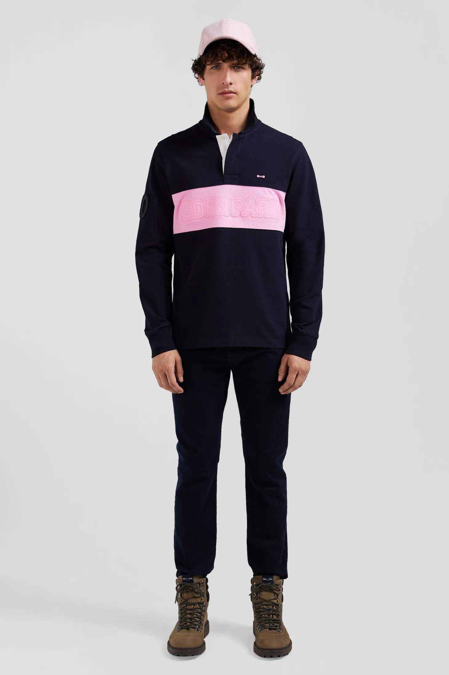 Regular navy blue long-sleeved cotton piqué polo shirt with padded embroidery