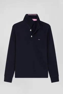 Regular navy blue long-sleeved cotton piqué polo shirt