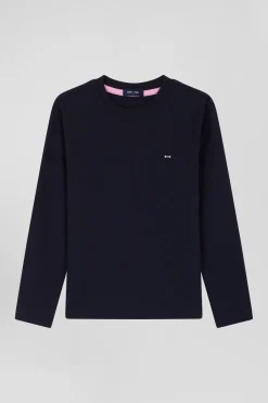 Regular navy blue long-sleeved cotton T-shirt with N°10 embroidery