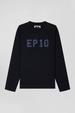 Regular navy blue long-sleeved cotton T-shirt with printed back patch