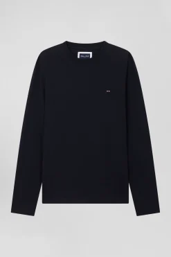 Regular navy blue long-sleeved cotton T-shirt with floral back patch