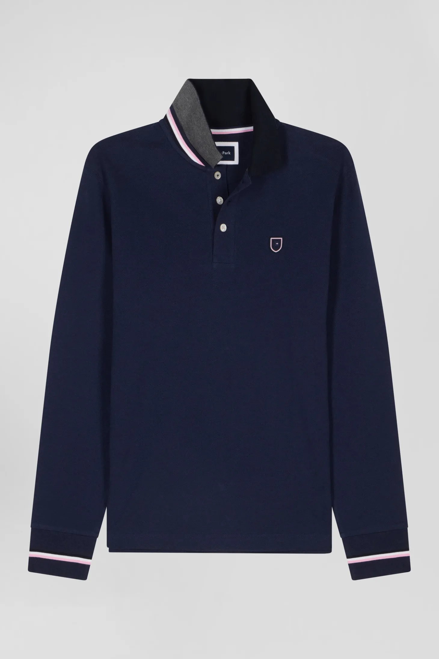 Regular navy blue long-sleeved cotton piqué polo shirt with rubber badge