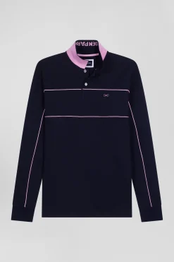 Regular navy blue long-sleeved cotton piqué polo shirt with pink piping