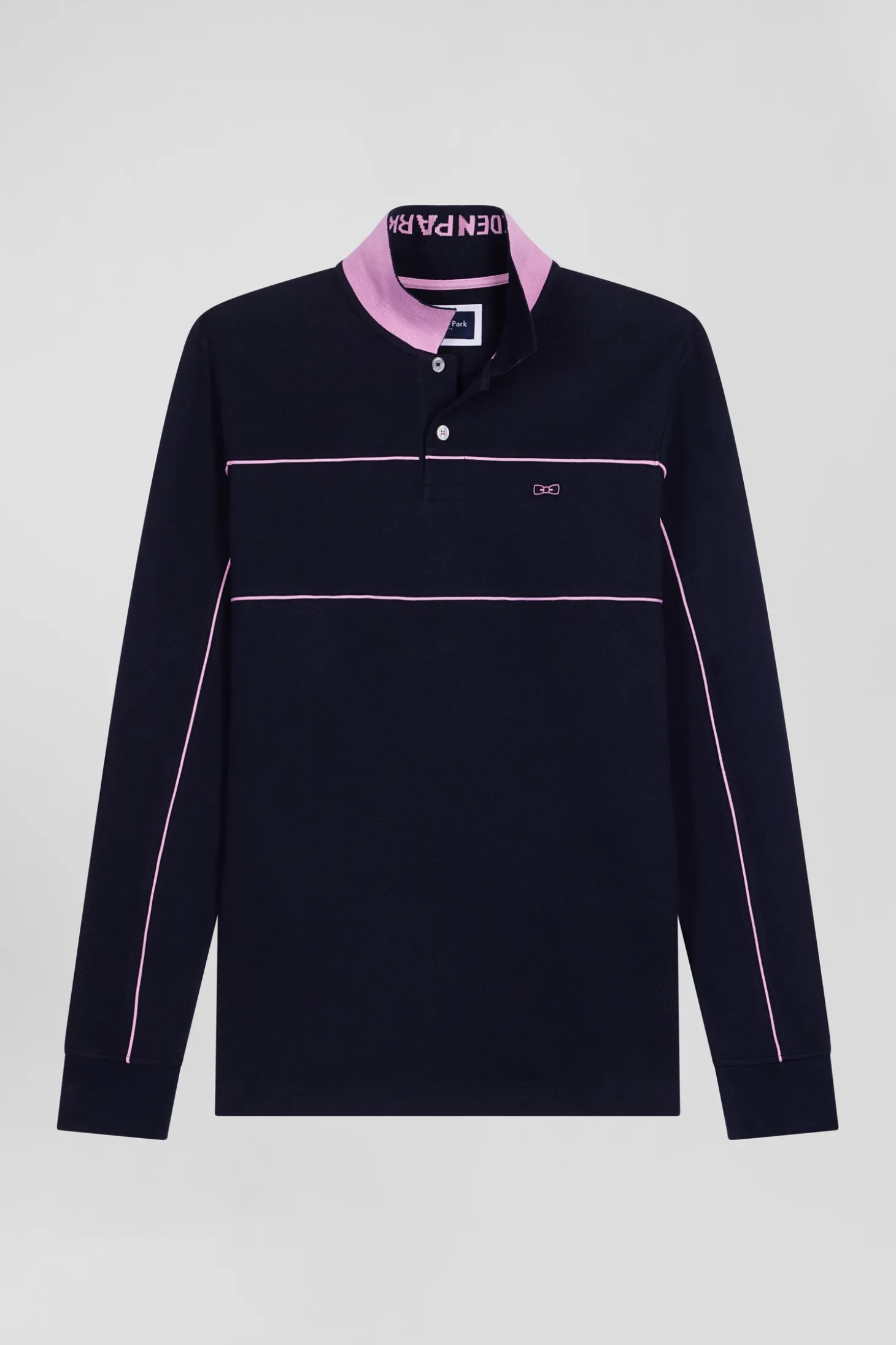 Regular navy blue long-sleeved cotton piqué polo shirt with pink piping
