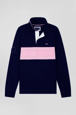 Regular navy blue long-sleeved cotton piqué polo shirt with padded embroidery