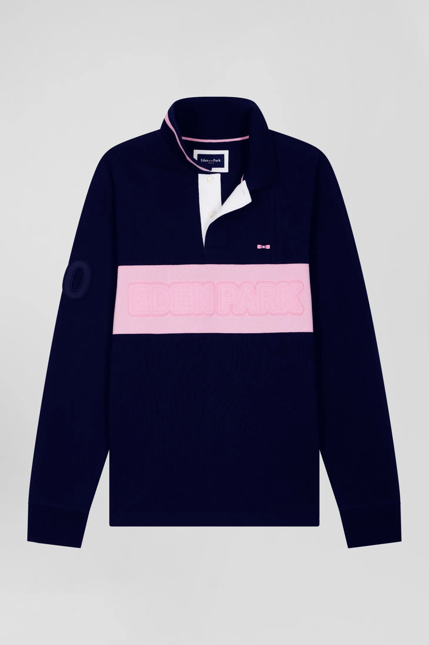 Regular navy blue long-sleeved cotton piqué polo shirt with padded embroidery