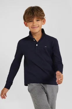 Regular navy blue long-sleeved cotton piqué polo shirt