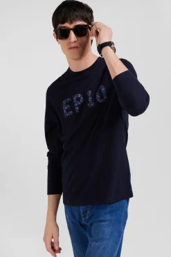 Regular navy blue long-sleeved cotton T-shirt with printed back patch