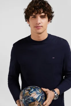 Regular navy blue long-sleeved cotton T-shirt with floral back patch