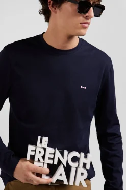 Regular navy blue long-sleeved cotton T-shirt with back embroidery