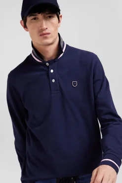 Regular navy blue long-sleeved cotton piqué polo shirt with rubber badge