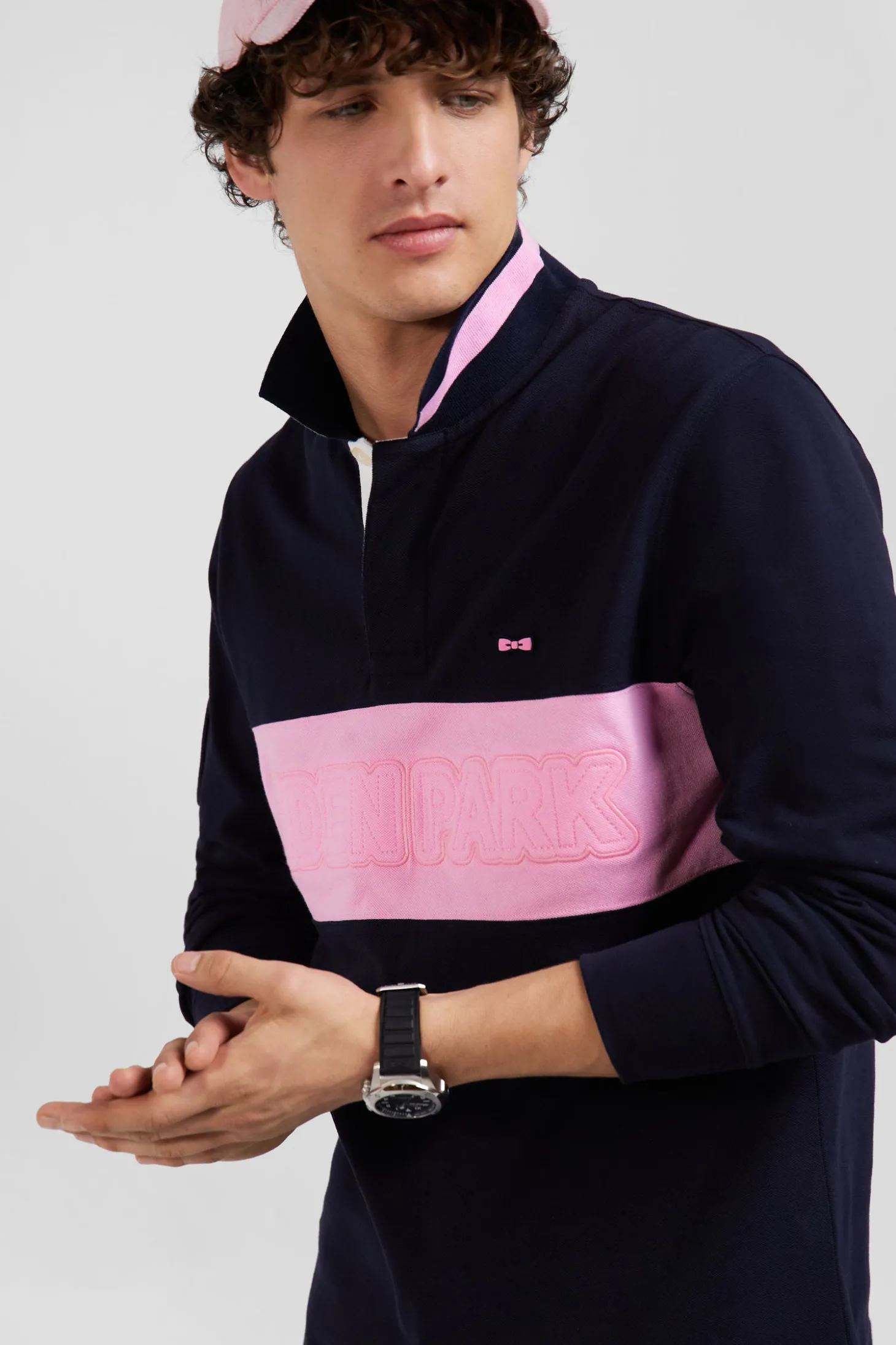 Regular navy blue long-sleeved cotton piqué polo shirt with padded embroidery
