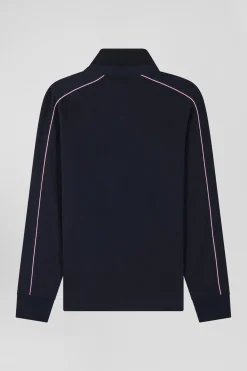 Regular navy blue long-sleeved cotton rugby shirt with pink piping