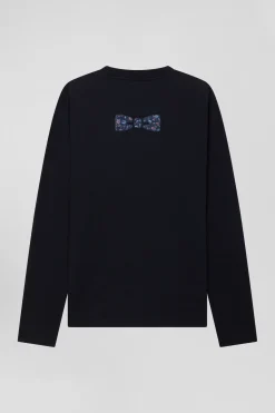 Regular navy blue long-sleeved cotton T-shirt with floral back patch