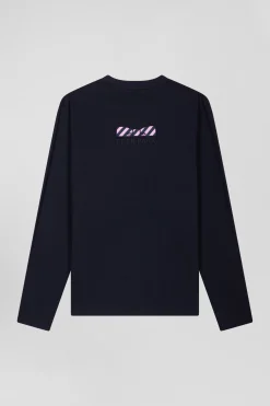 Regular navy blue long-sleeved cotton T-shirt with back embroidery