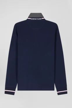 Regular navy blue long-sleeved cotton piqué polo shirt with rubber badge